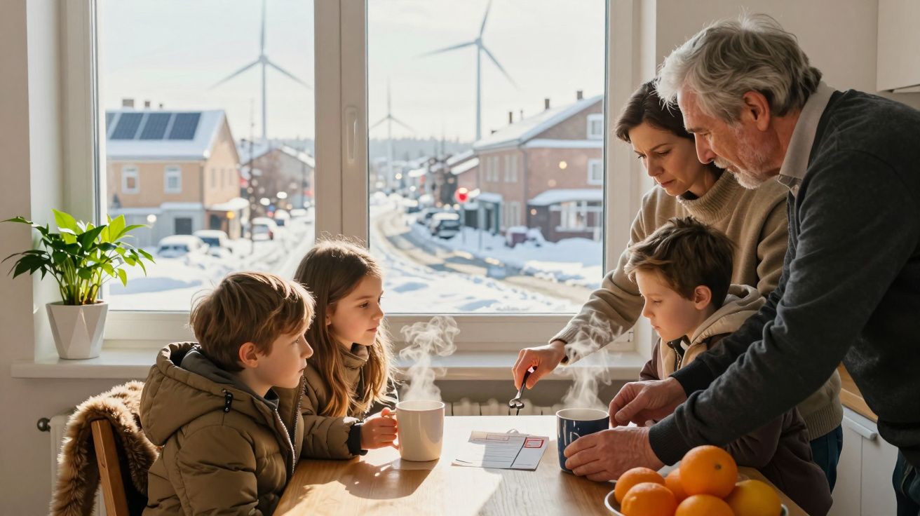 Família tomando chá numa cozinha com janelas grandes, casas nevadas e turbinas eólicas ao fundo.