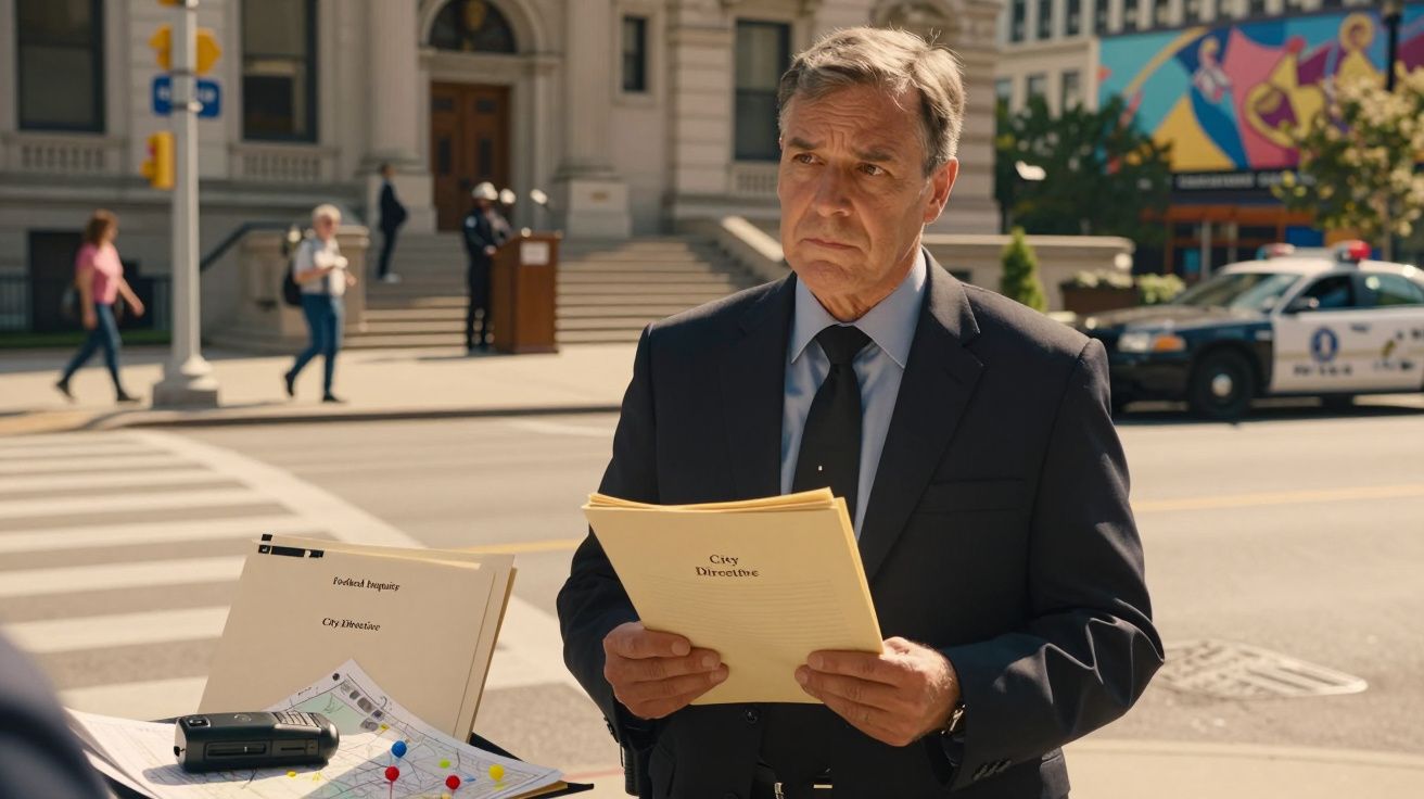 Homem de fato segurando pastas na rua em frente a um edifício, com um carro da polícia ao fundo.