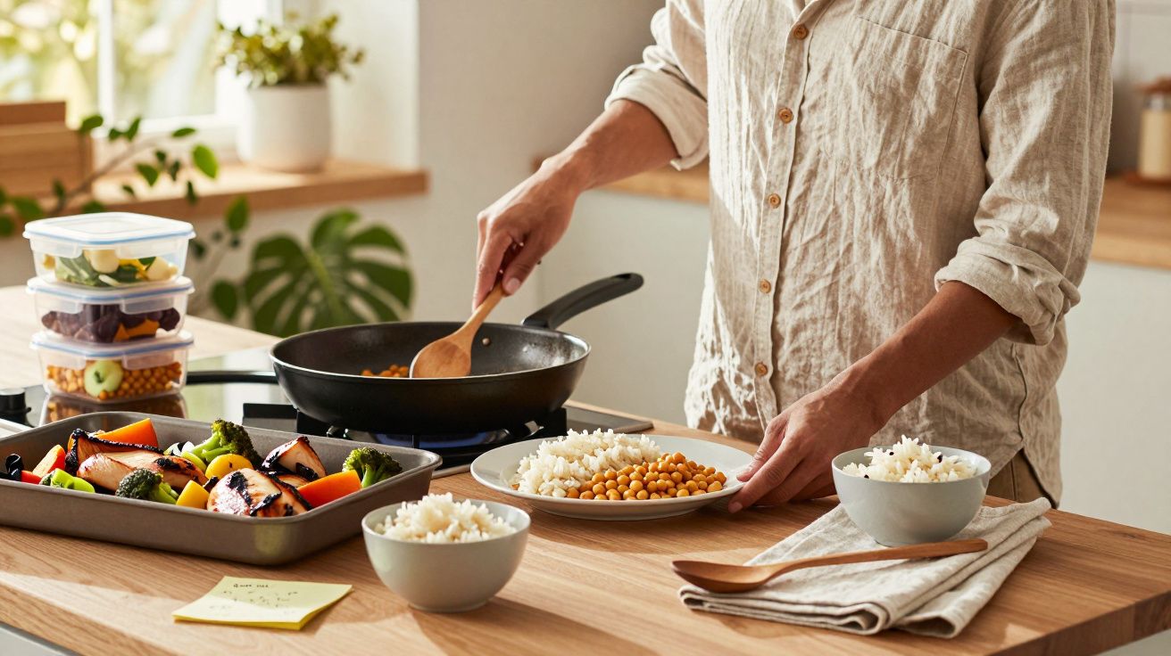 Pessoa a cozinhar legumes numa frigideira, com tigelas de arroz e prato de grão-de-bico na bancada da cozinha.