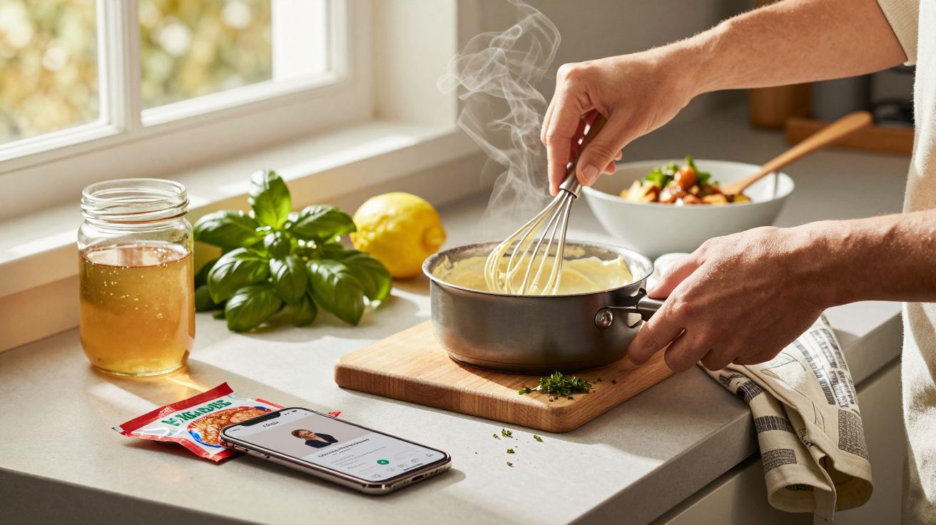 Pessoa a mexer puré de batata num tacho pequeno, com ingredientes e smartphone ao lado, numa cozinha iluminada.
