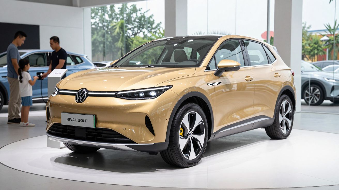 Carro SUV dourado em exposição num showroom, com pessoas ao fundo observando outro carro.