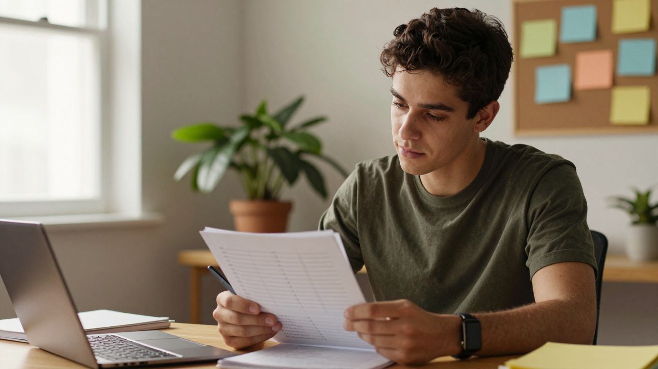 Homem jovem sentado à secretária, concentrado a ler documentos com computador portátil ao lado.