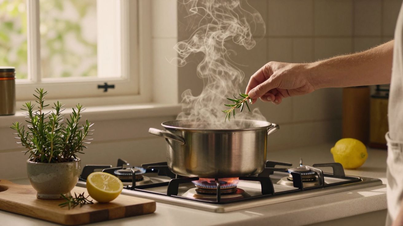 Pessoa adiciona ramo de alecrim a panela a ferver no fogão; limão cortado e planta ao lado.