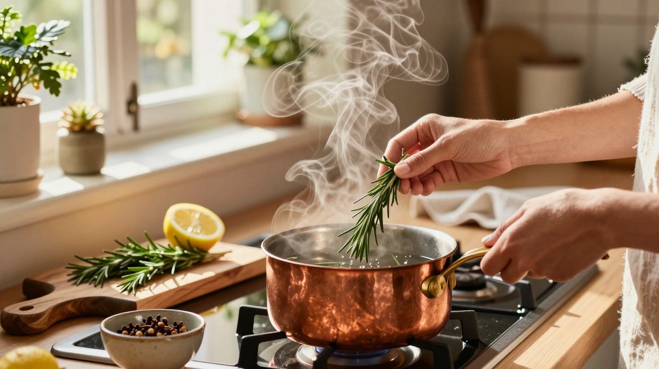 Pessoa adiciona alecrim a uma panela de cobre fumegante ao lado de limão e especiarias numa cozinha iluminada.