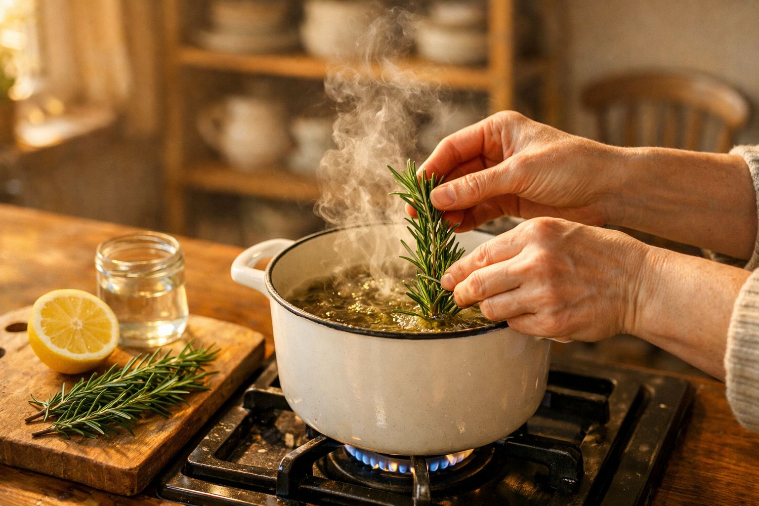 Pessoa a cozinhar, adicionando alecrim a uma panela de inox numa cozinha iluminada pelo sol.