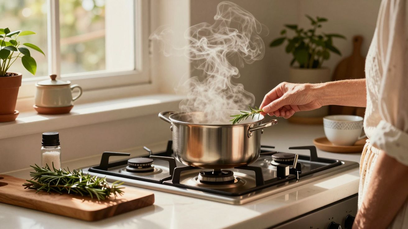 Pessoa adiciona raminho de alecrim a panela fervente num fogão, com plantas e utensílios ao fundo numa cozinha iluminada.