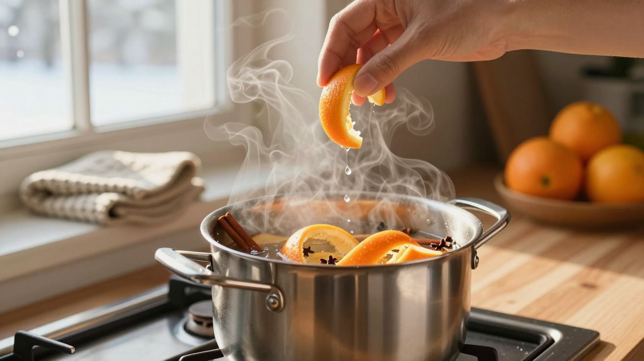 Mão adiciona fatia de laranja a panela fumegante com especiarias na cozinha iluminada pelo sol.