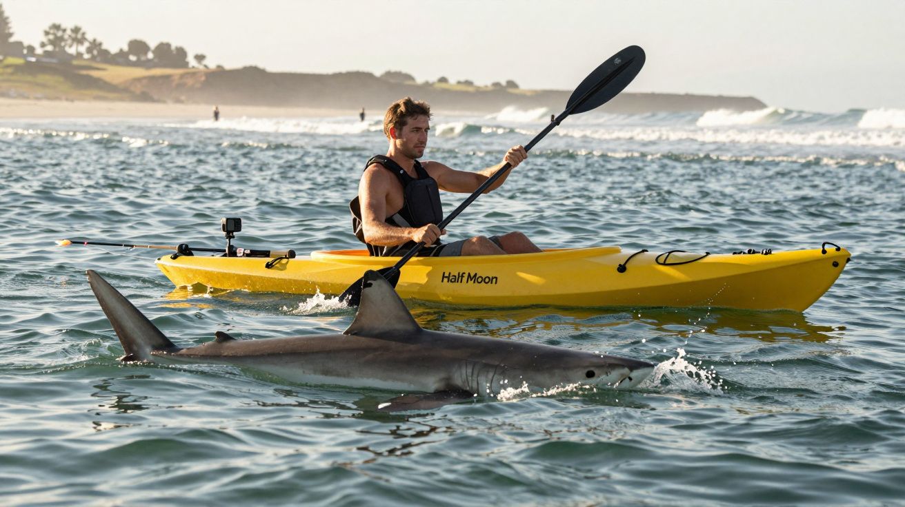 Homem a remar num caiaque amarelo no mar, com tubarão a nadar próximo.
