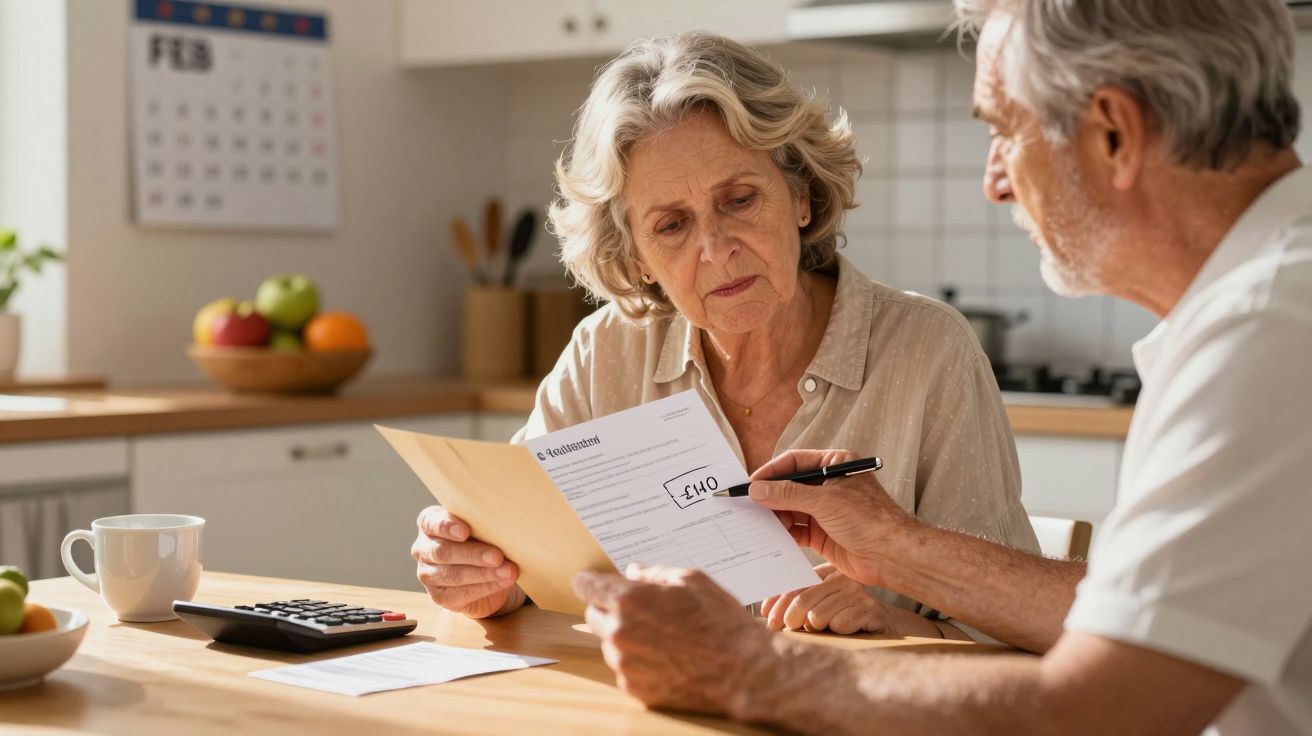 Casal idoso analisando documentos e contas na mesa da cozinha, com um calendário e frutas ao fundo.