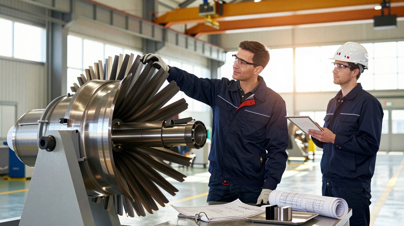 Dois engenheiros inspecionam uma turbina em fábrica; um aponta enquanto lê documentos, o outro faz anotações.