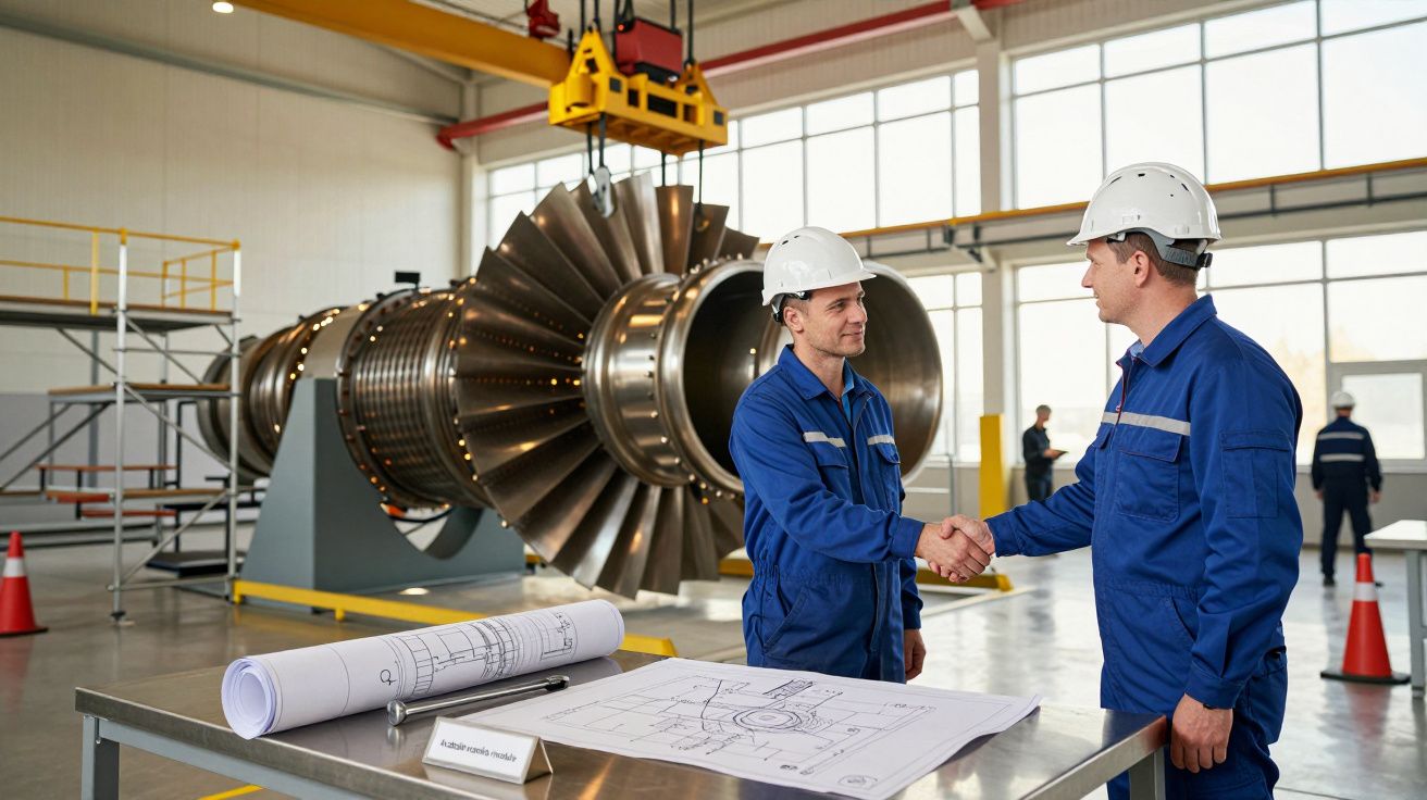 Dois engenheiros com capacetes brancos apertam as mãos em frente a uma turbina numa fábrica.