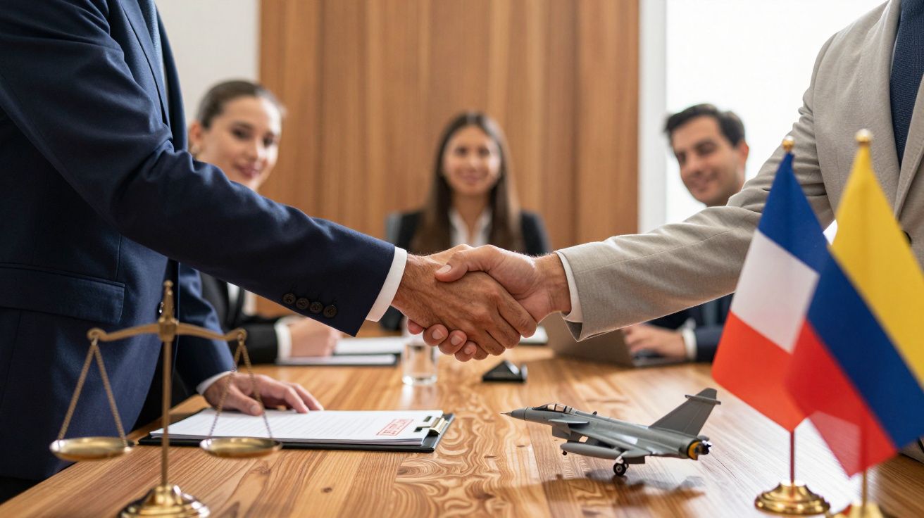 Aperto de mão entre dois homens em reunião de negócios, com bandeiras e miniatura de avião na mesa.