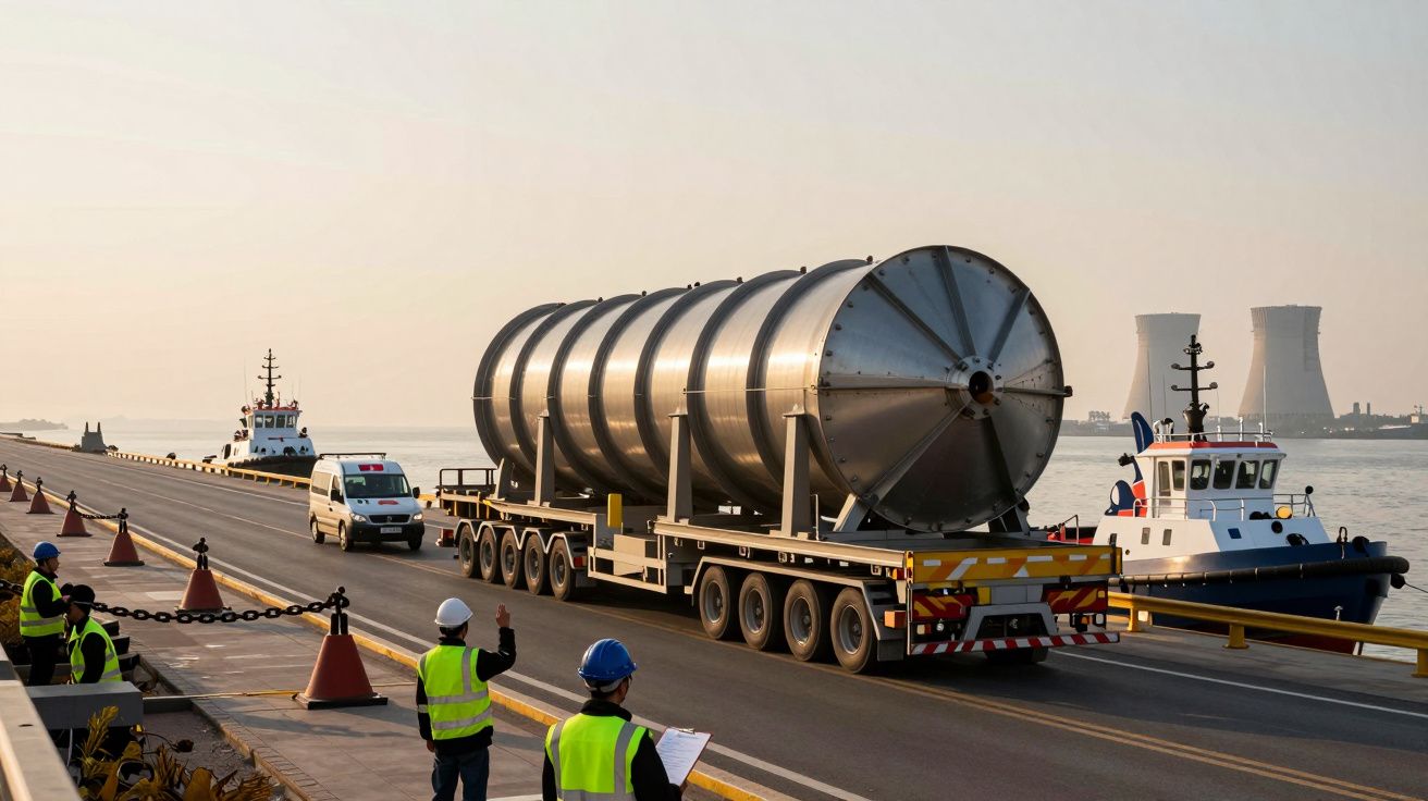 Camião transporta estrutura metálica em estrada costeira; operários com coletes refletores observam; barcos ao fundo.