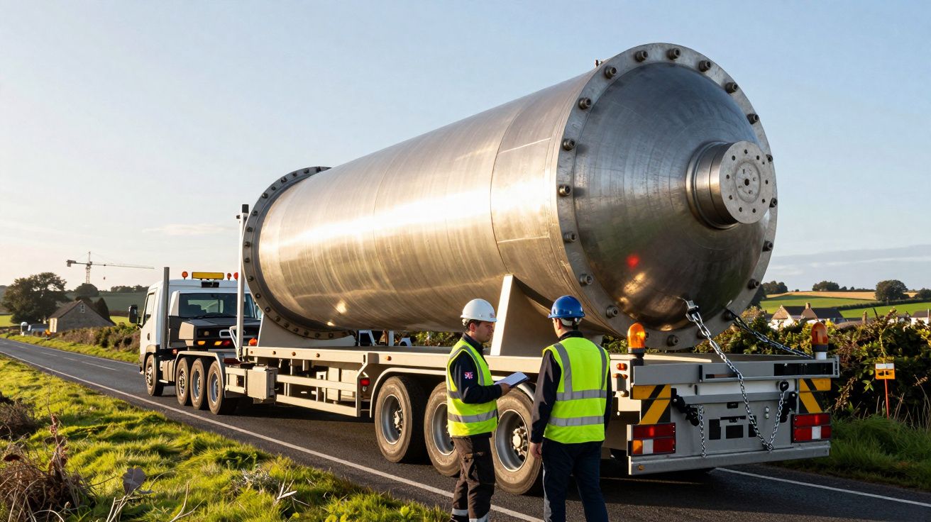 Camião transporta cilindro metálico grande; dois trabalhadores com coletes refletores e capacetes conversam ao lado.