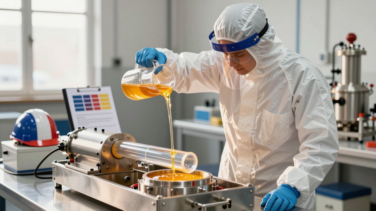 Cientista em traje protetor despeja líquido laranja em equipamento de laboratório.