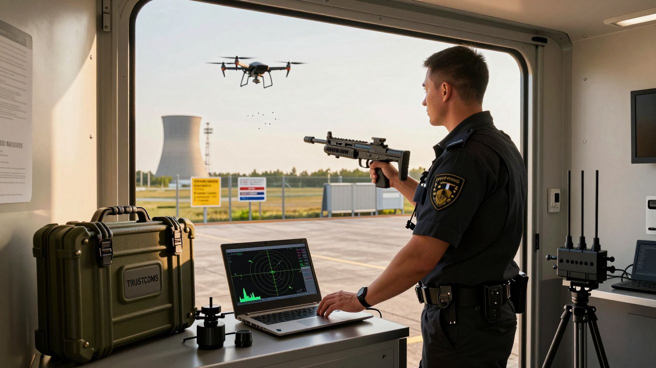 Agente de segurança controla drone usando equipamento tecnológico em sala de operação próxima a central nuclear.