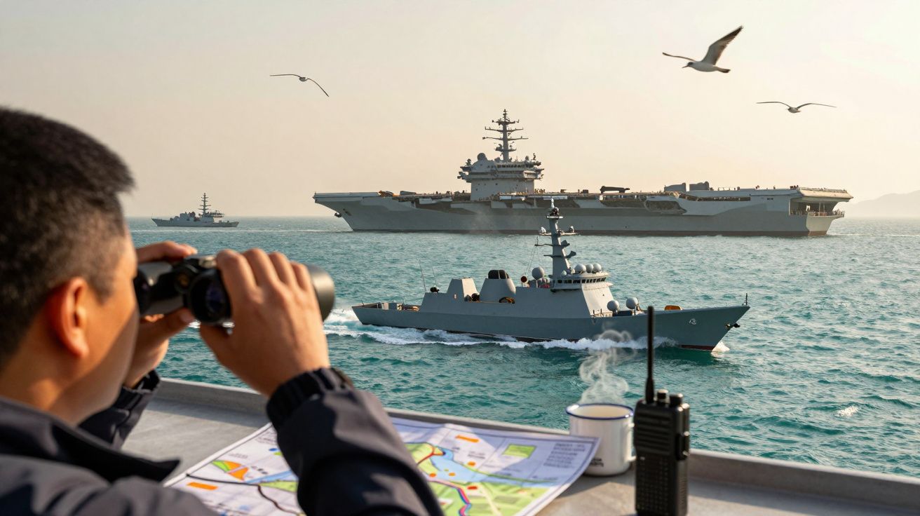 Homem observa navios militares no mar através de binóculos; mapas e rádio sobre a mesa em primeiro plano.