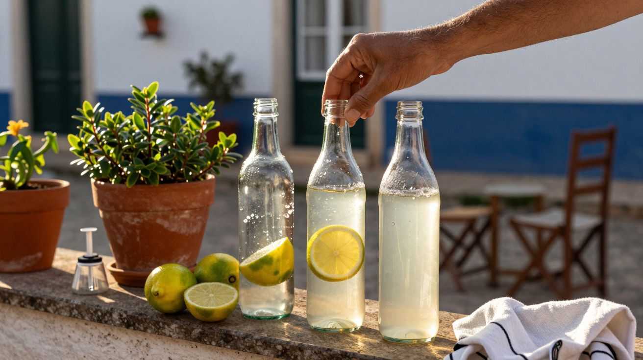Mão coloca uma garrafa de vidro com água e limão sobre mureta, ao lado de limões e plantas em vasos.