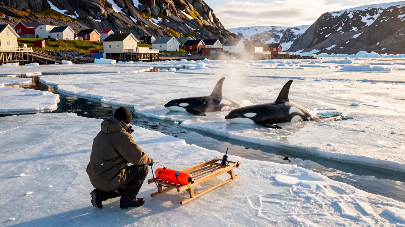 Pessoa agachada no gelo perto de duas orcas, com casas coloridas ao fundo e montanhas nevadas.