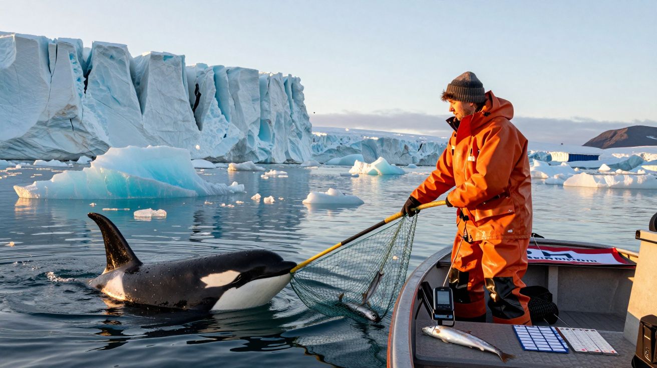 Investigador em barco estuda orca com rede em águas geladas, ao fundo icebergs.