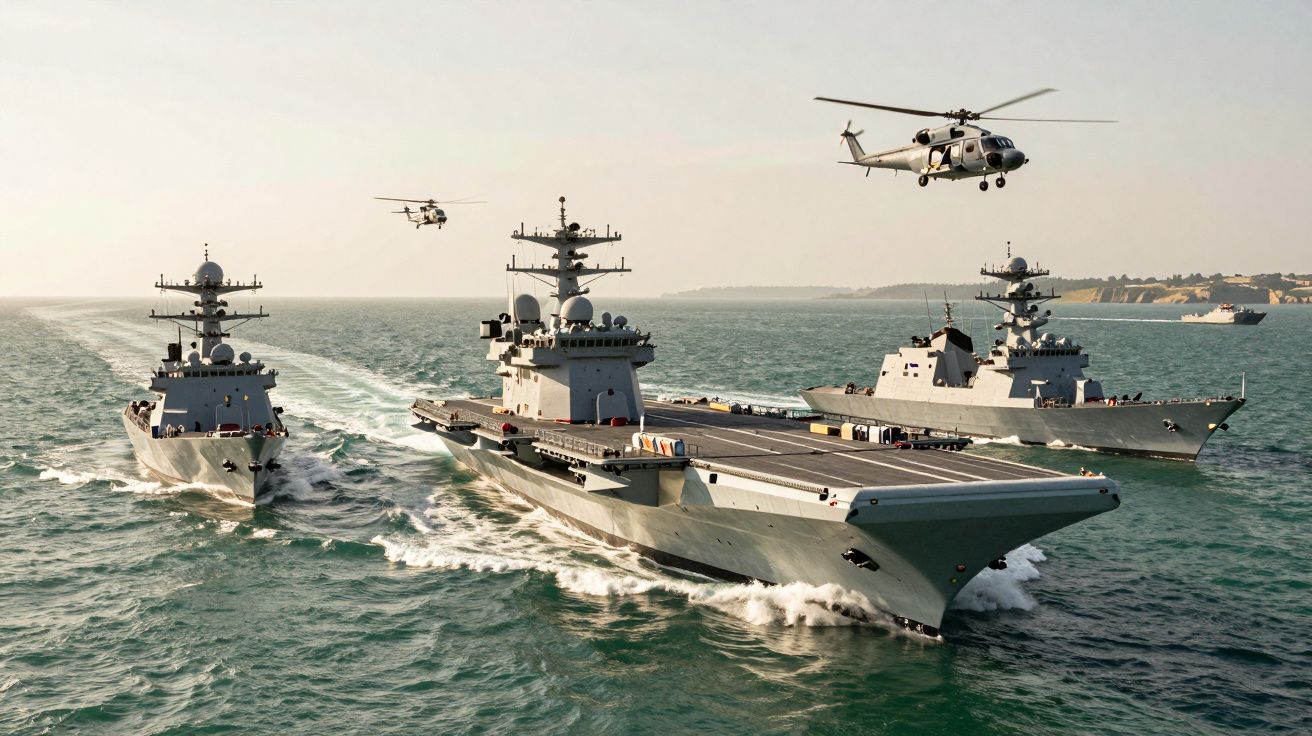 Quatro navios de guerra navegando juntos no mar com dois helicópteros sobrevoando acima.