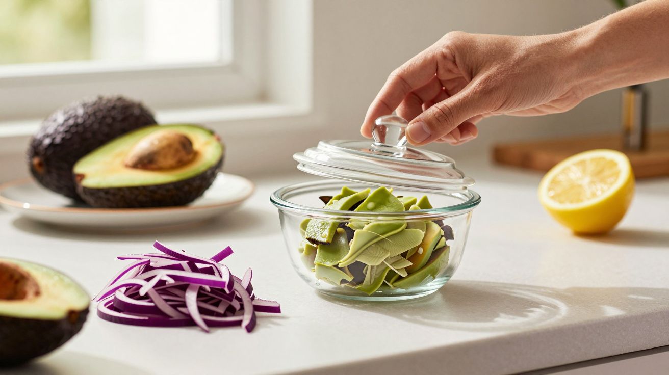 Mão colocando tampa em taça com vagens; abacates, cebola roxa fatiada e meio limão na bancada ao fundo.