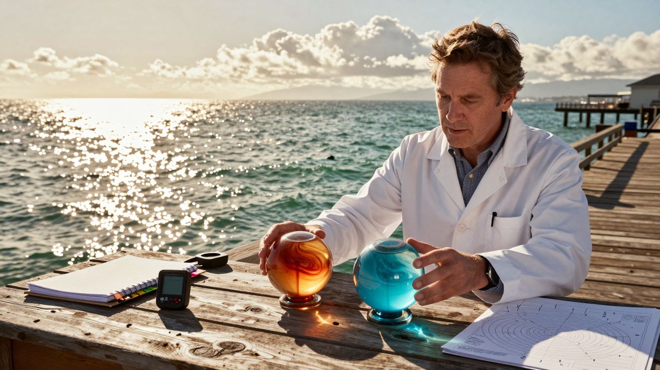 Cientista em bata branca examina esferas de vidro coloridas num cais à beira-mar, com caderno e equipamento ao lado.