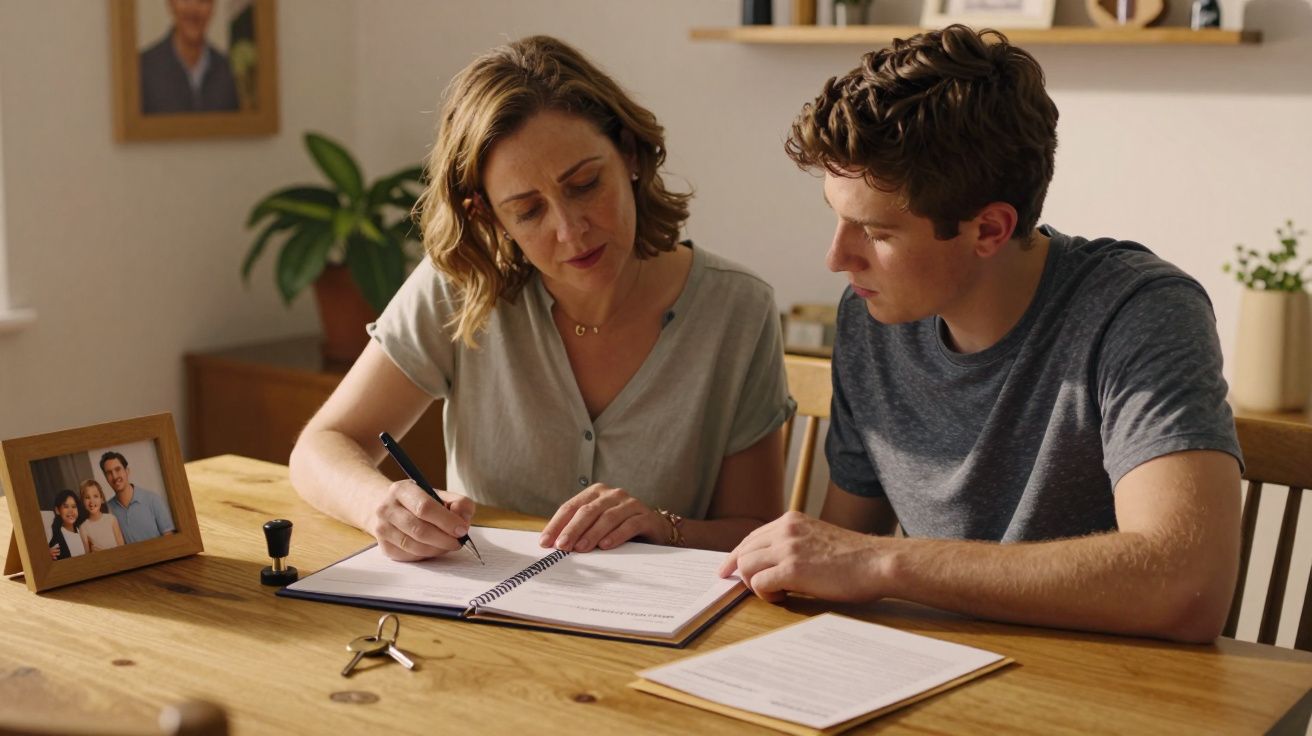 Mulher e jovem revisam documentos numa mesa de madeira em casa.