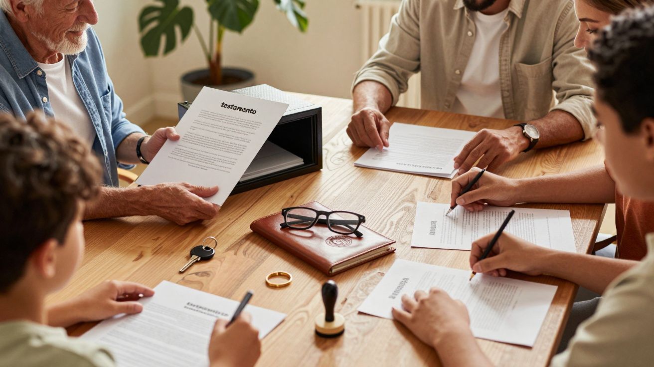 Pessoas reunidas numa mesa assinando documentos, com um testamento, óculos, e chaves sobre a mesa.