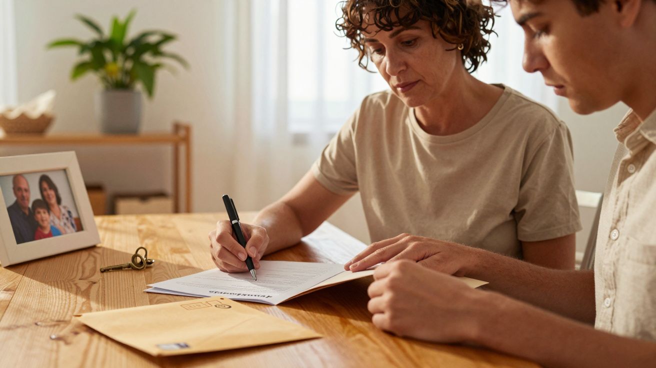 Mulher e jovem revisam documentos numa mesa de madeira com fotografia de família e chave ao fundo.