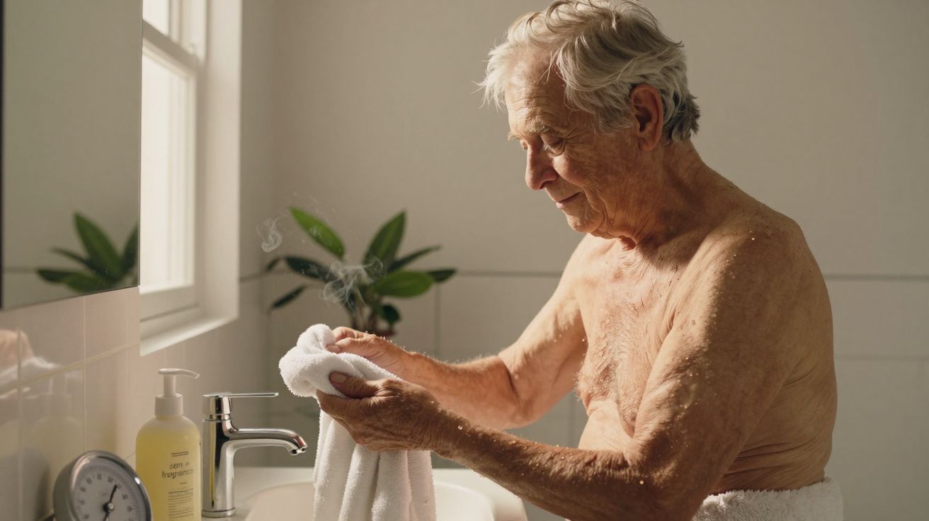 Homem idoso de toalha no banheiro, segurando um pano quente debaixo da torneira, com plantas e sabonete ao fundo.