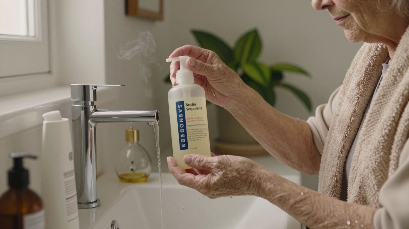 Idosa segurando frasco de sabonete no lavatório com torneira ligada e plantas ao fundo.