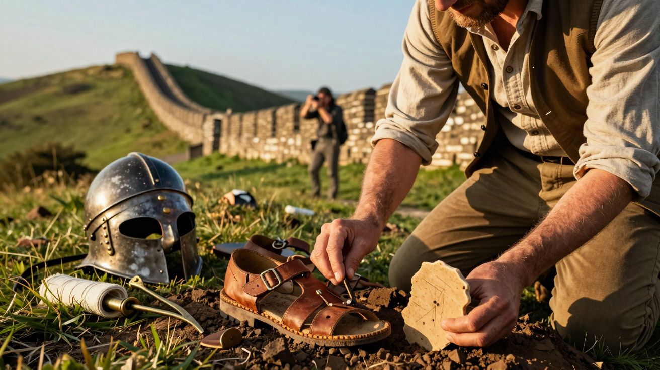 Arqueólogo a examinar artefactos no solo junto a muralha antiga, com capacete e sandália em primeiro plano.
