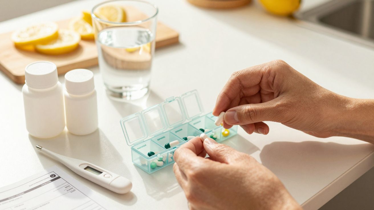 Mãos organizando comprimidos numa caixa semanal, com termómetro, copo de água e frascos de remédios ao fundo.