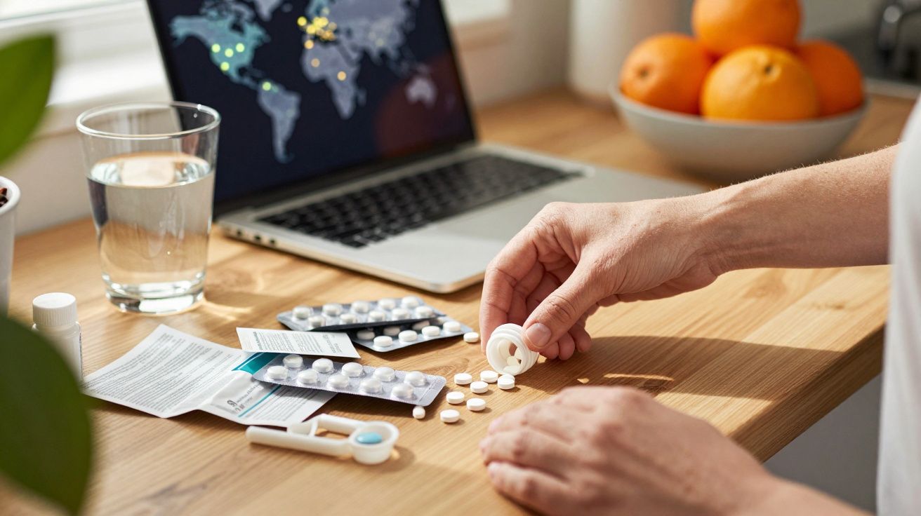 Pessoa organiza comprimidos na mesa com portátil ao fundo, copo de água e tigela de laranjas.
