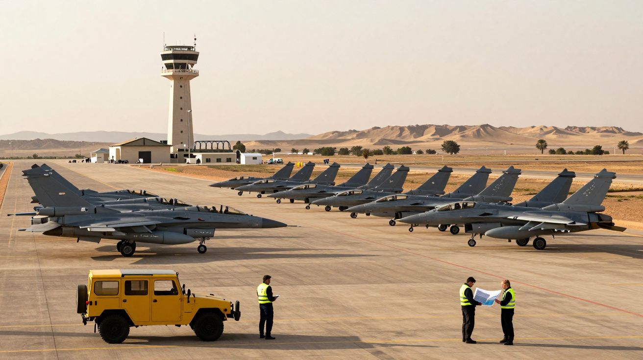 Aviões de caça estacionados na pista de um aeroporto desértico, com torre de controlo ao fundo e dois homens a conversar.