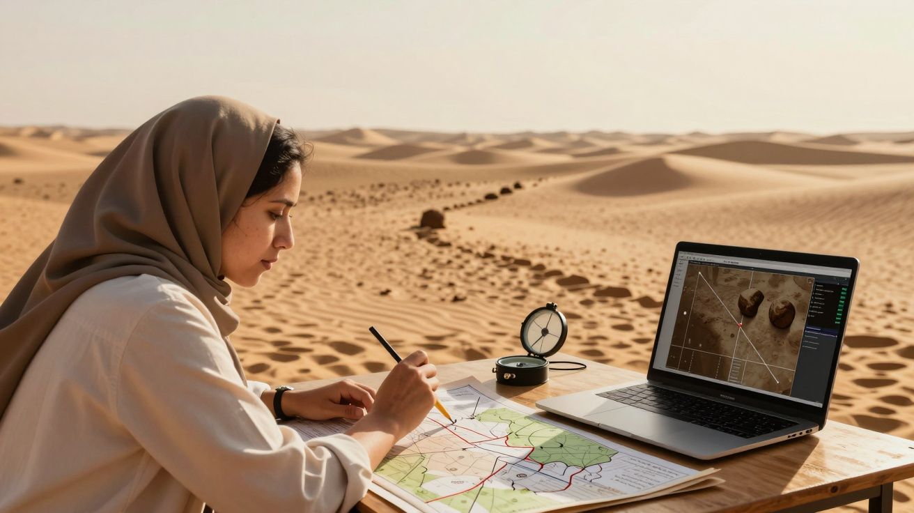 Mulher analisando mapas e laptop no deserto, rodeada por areia e dunas.