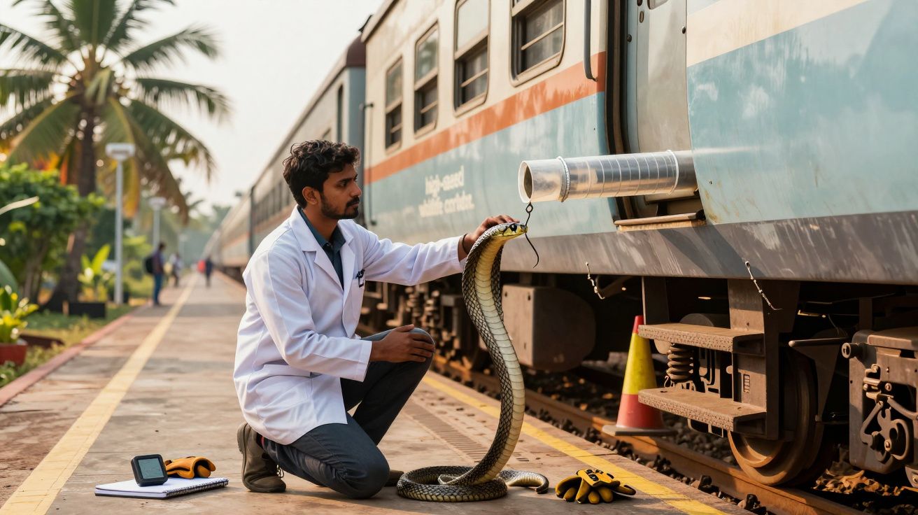 Homem de jaleco interage com cobra numa plataforma de comboio, com árvores ao fundo.