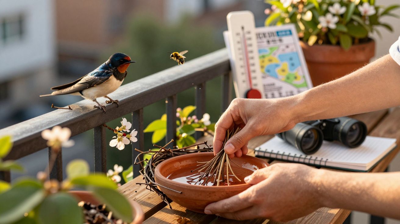 Pessoa prepara um bebedouro para pássaros num parapeito com plantas, enquanto uma andorinha e uma abelha se aproximam.