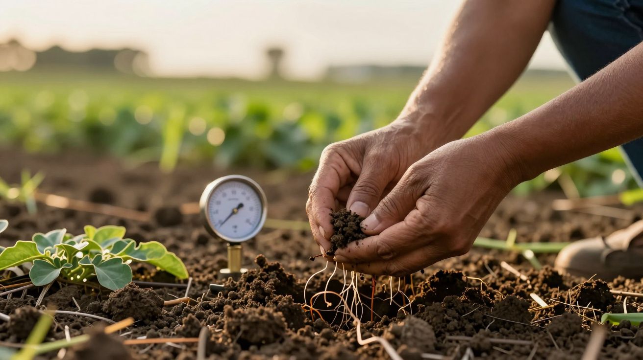 Mãos seguram terra num campo agrícola com plantas jovens e um medidor inserido no solo.
