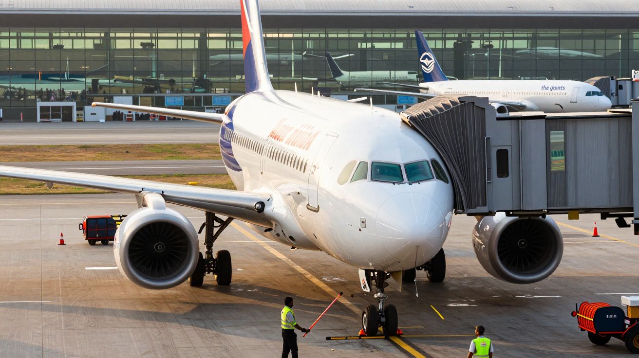 Avião estacionado no aeroporto ligado a ponte de embarque, dois funcionários no chão.