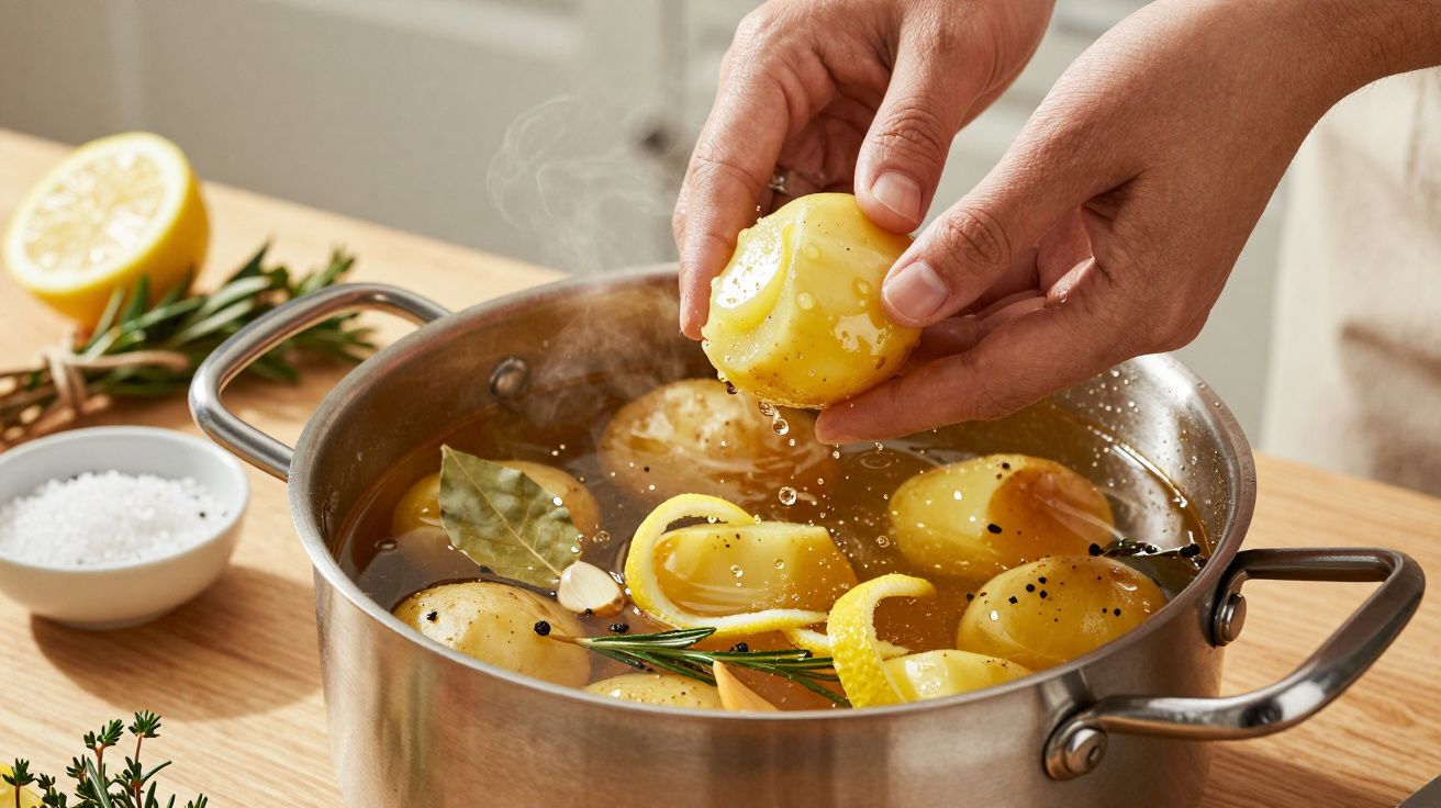 Mãos colocando batatas em panela com água fervente, limão, louro e especiarias, numa cozinha bem iluminada.
