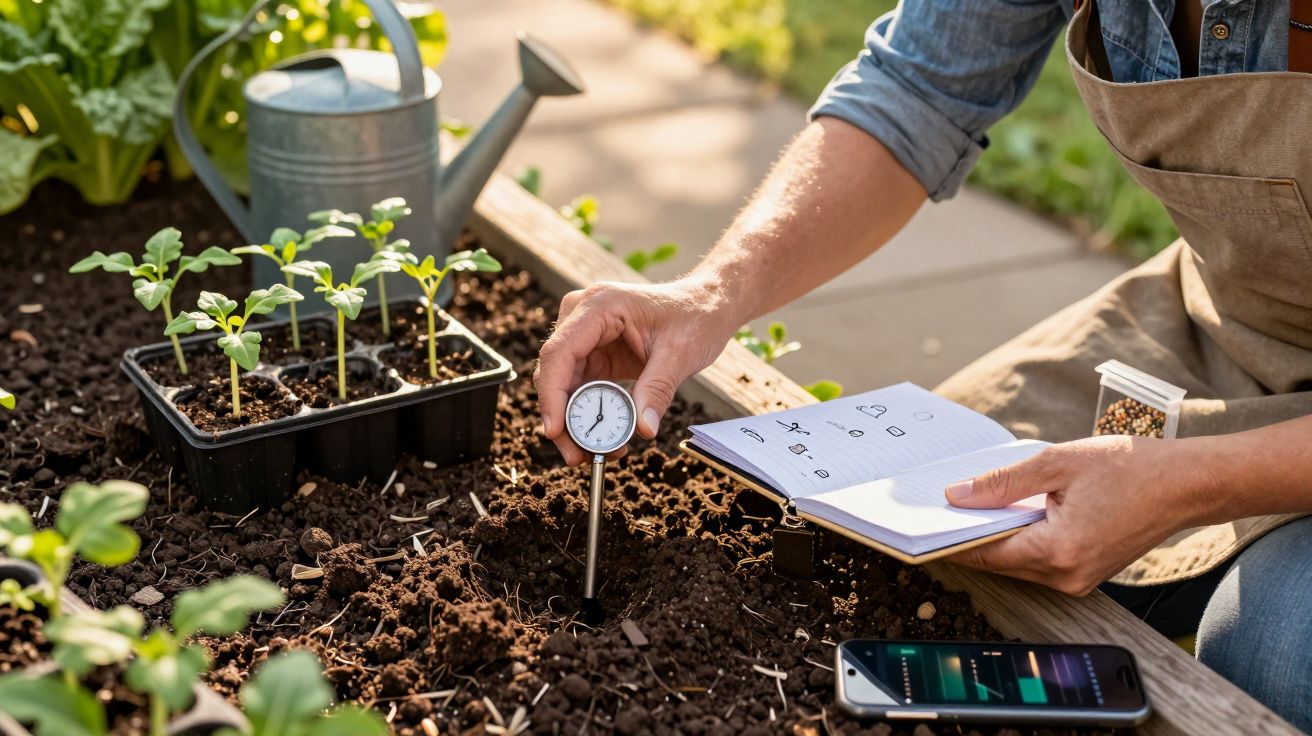 Pessoa ajusta termómetro no solo de horta, enquanto anota num caderno. Há plântulas, regador e smartphone ao redor.