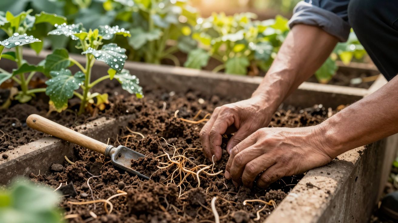 Mãos a plantar sementes num canteiro de terra, com plantas verdes ao fundo e uma pequena pá ao lado.