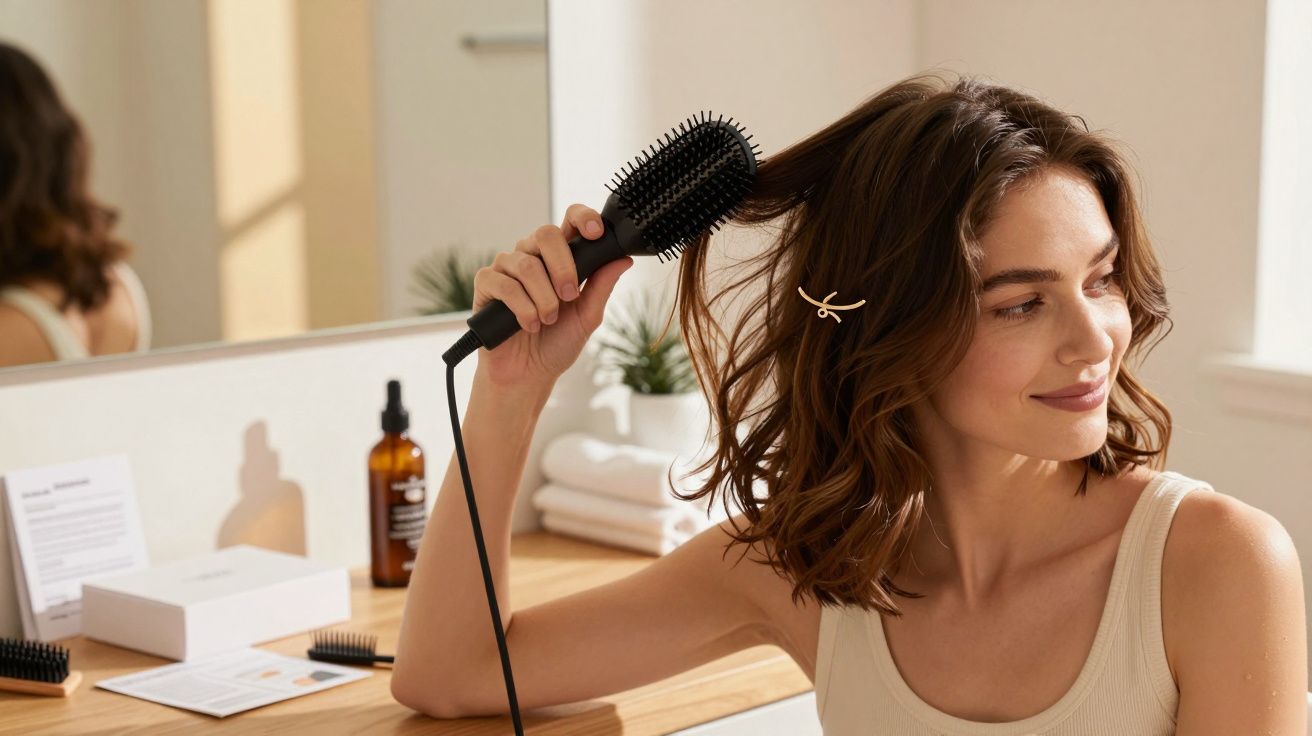 Mulher com cabelo castanho penteia-se com escova elétrica em casa de banho bem iluminada, produtos de beleza ao fundo.