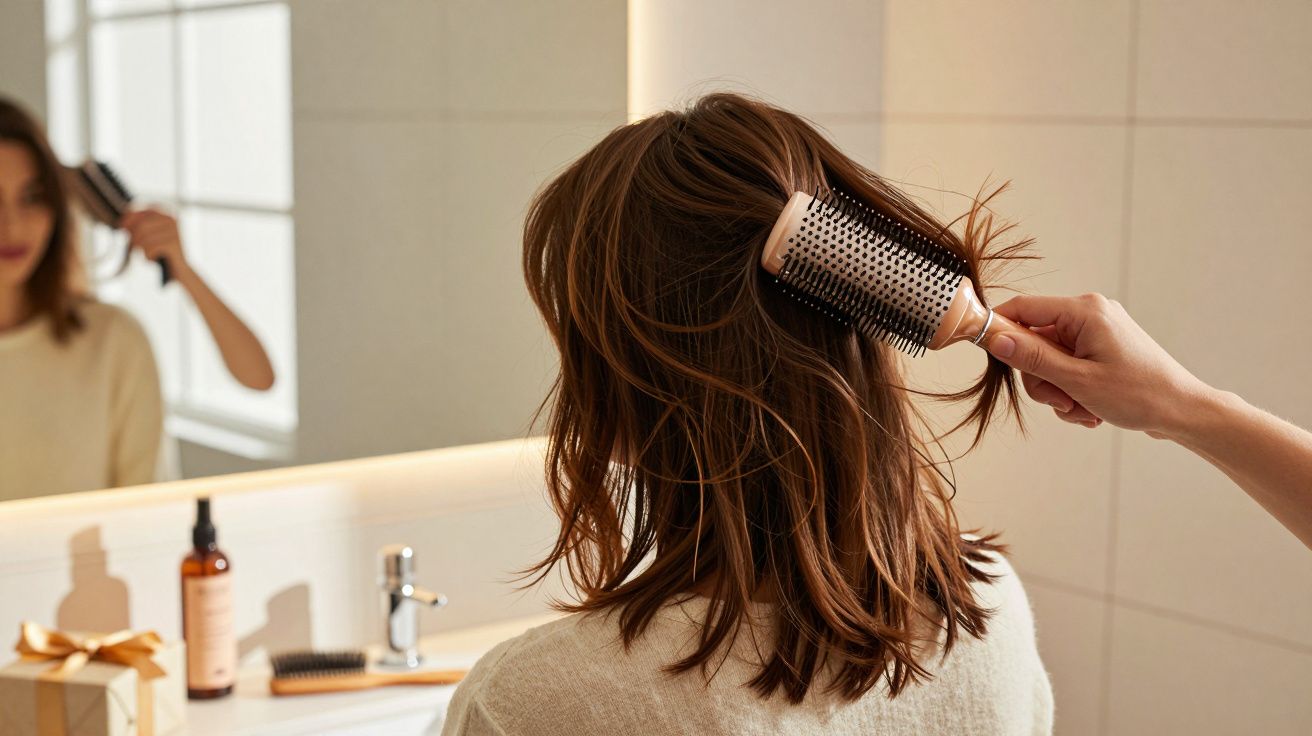 Mulher a pentear o cabelo com escova redonda em frente ao espelho numa casa de banho iluminada.