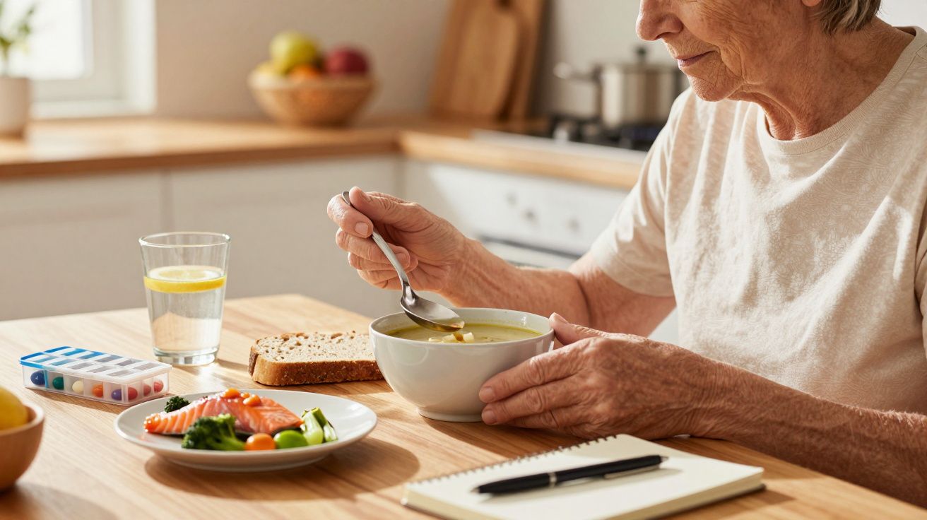 Idoso a comer sopa numa cozinha, com comprimidos, legumes e caderno em cima da mesa.