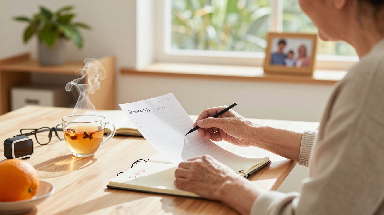 Pessoa a escrever numa folha, com chá e caderno na mesa, perto de uma janela.