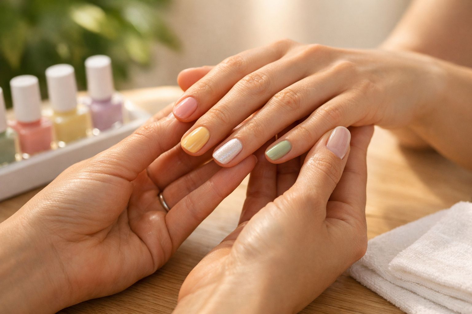 Mãos com unhas pintadas de várias cores pastel, seguradas por outra mão, com frascos de verniz ao fundo.