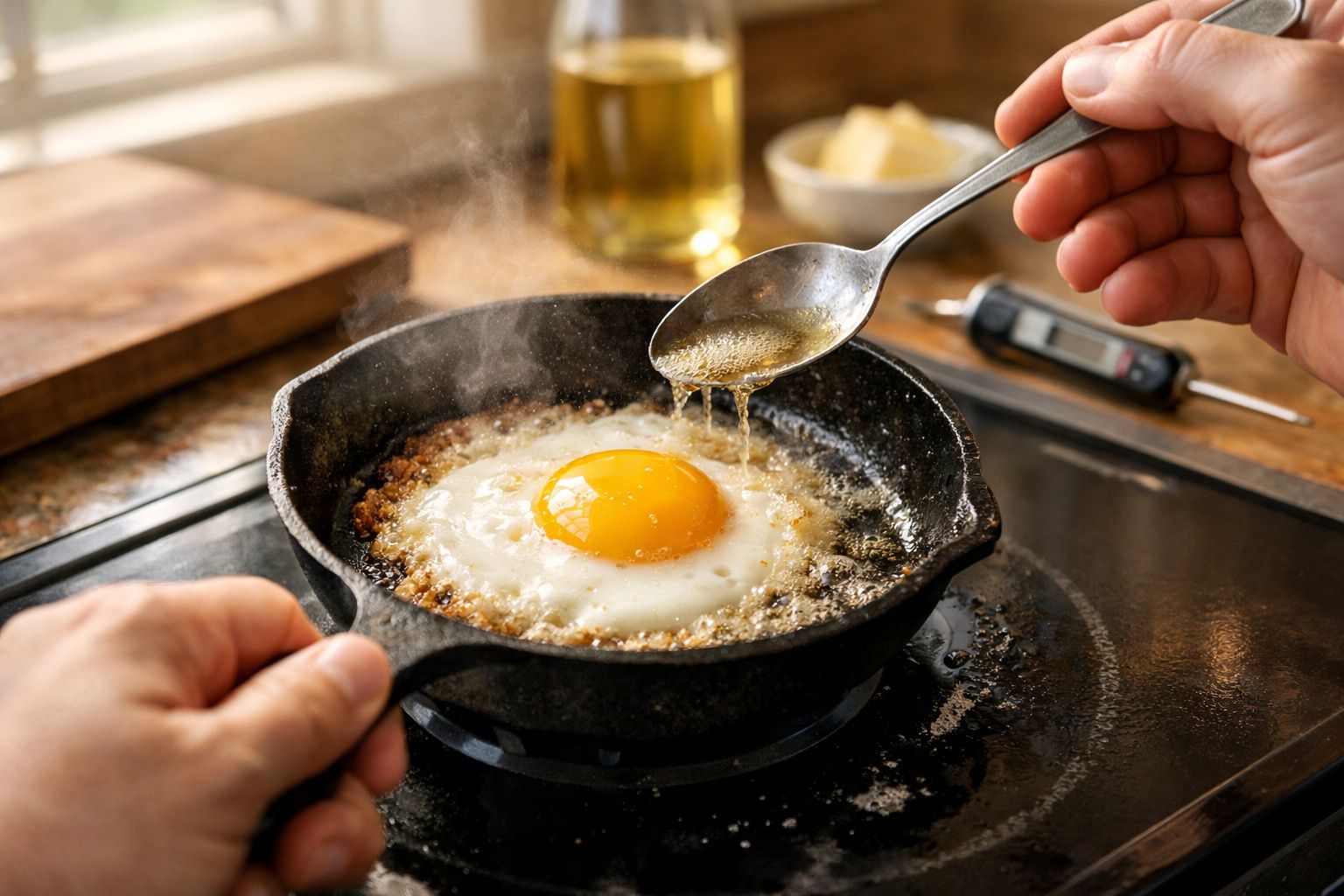 Ovo estrelado a cozinhar numa frigideira de ferro fundido, com alguém a adicionar óleo com uma colher.